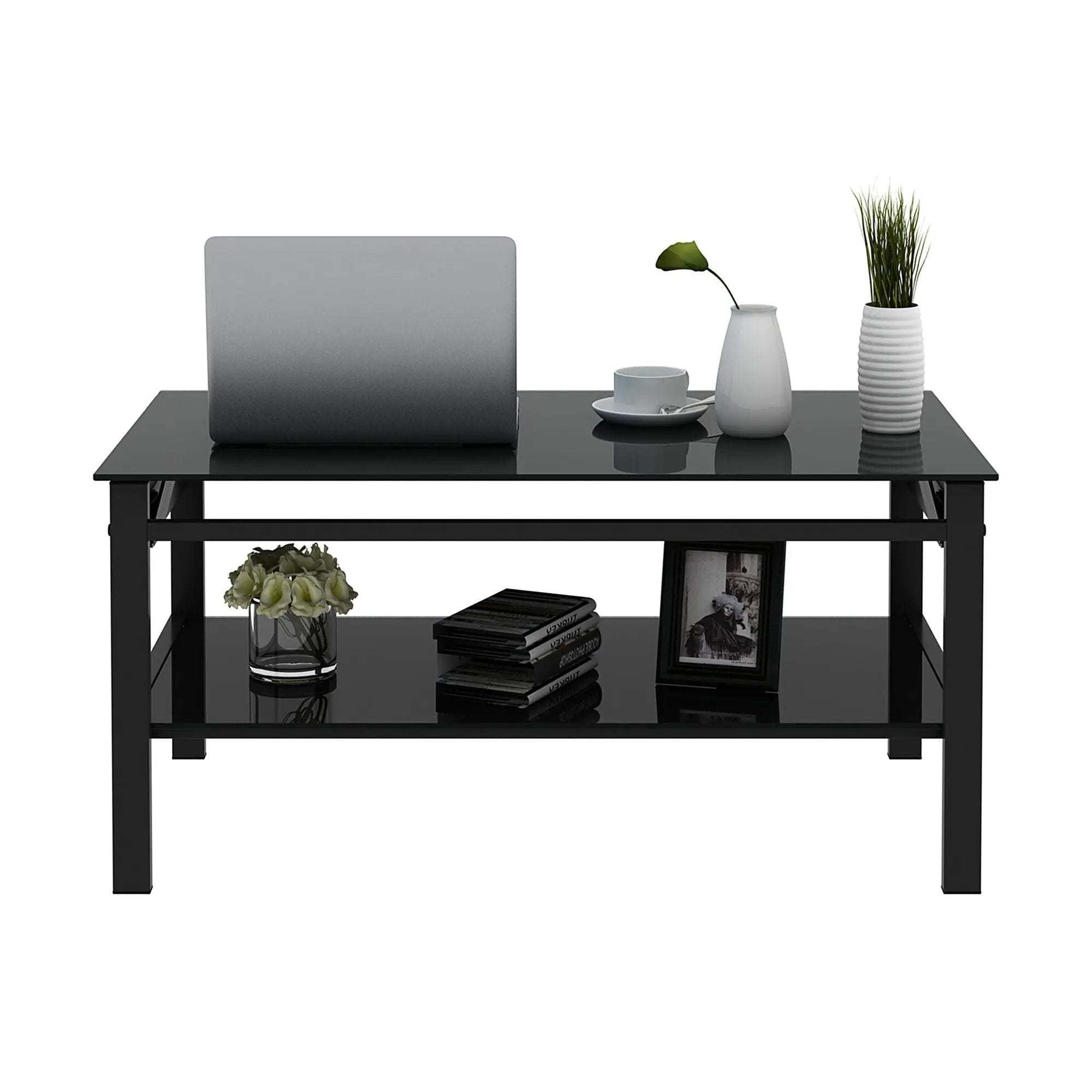 Glass Lift Top Coffee Table, Modern Simple 2-Layer Tempered Glass Coffee Table For Living Room - Black by HouseOfZazla