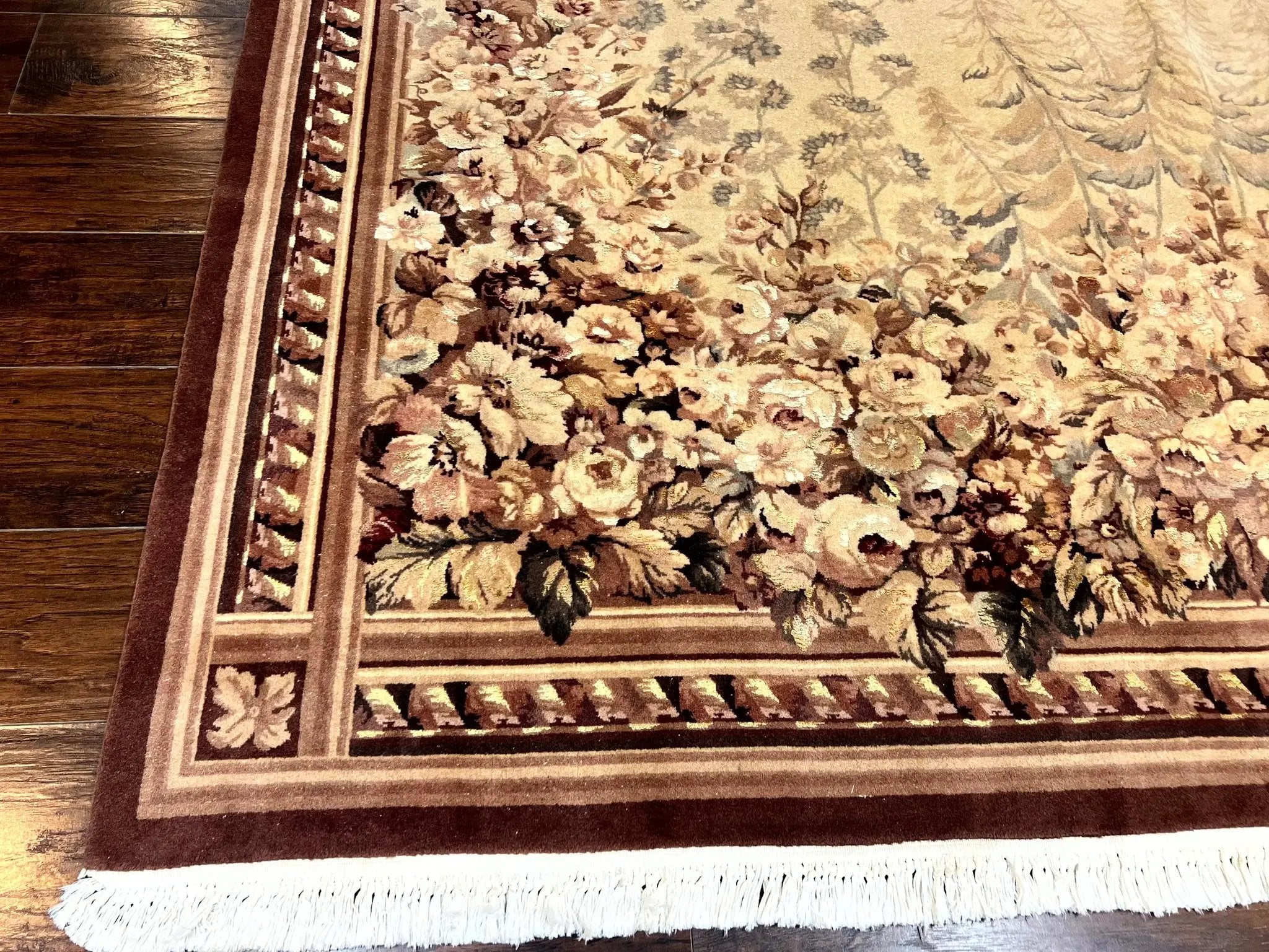 Aubusson Wool Rug 9x11, Wool with Silk Highlights, European Design, Vintage, Handmade, Floral, Fine 210 KPSI by Jewel Rugs