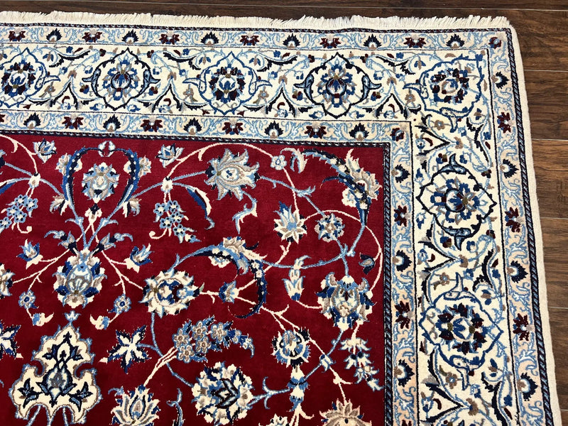 Persian Nain Rug 6x10, Wool and Silk Highlights, Red and Ivory, Floral Medallion, Vintage Handmade Hand Knotted, Fine 225 KPSI, Traditional Rug by Jewel Rugs