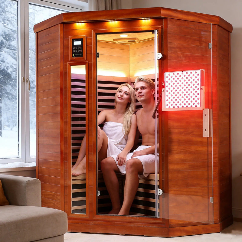 Far infrared corner sauna room Low EMF red sauna therapy two persons by HouseOfZazla