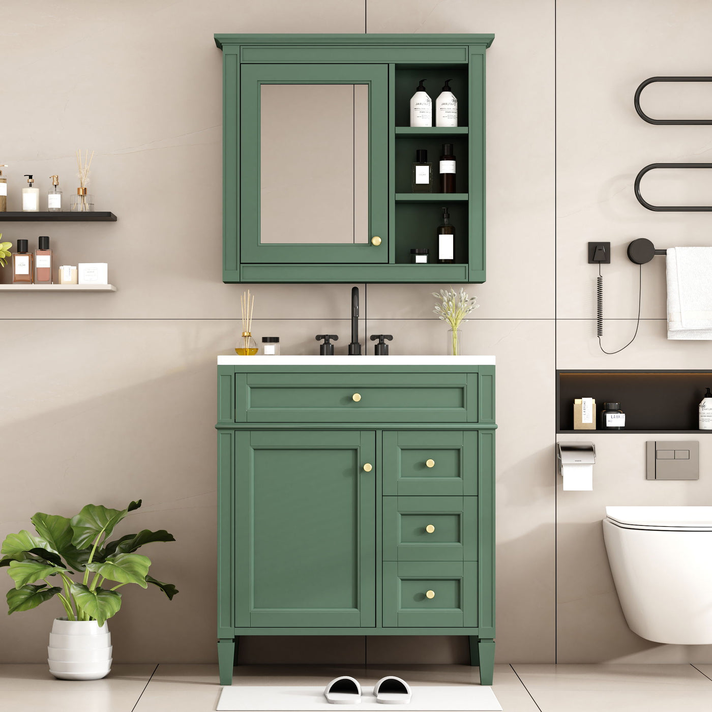 Bathroom Vanity With Top Sink, 2 Doors And 3 Drawers, Freestanding Set With Mirror Cabinet by Unique Piece Furniture
