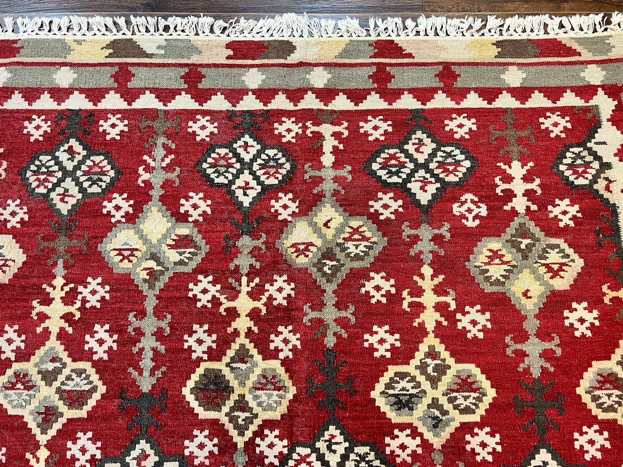 Indian Kilim Rug 6x6, Square Kilim Flatweave Carpet, Vintage Handmade Wool Rug, Red by Jewel Rugs