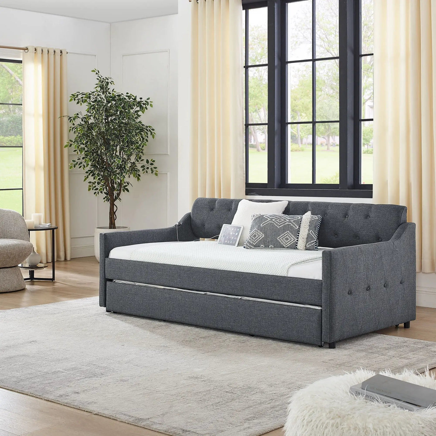 Size Upholstered Daybed With Trundle And USB Charging Armrest by Unique Piece Furniture