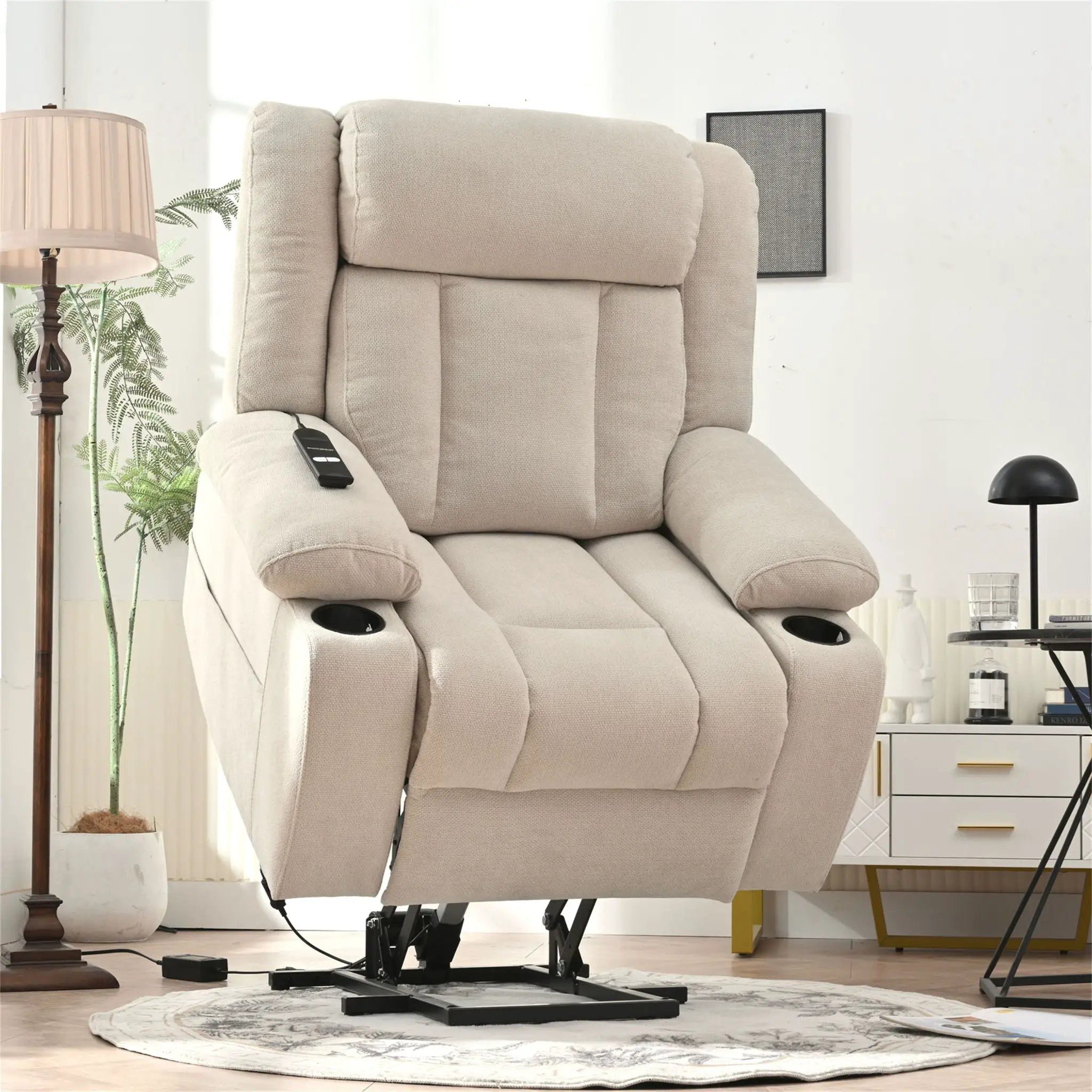 Power Lift Recliner Chair With Extended Footrest, Remote Control, Cup Holders, And Side Pockets by Unique Piece Furniture