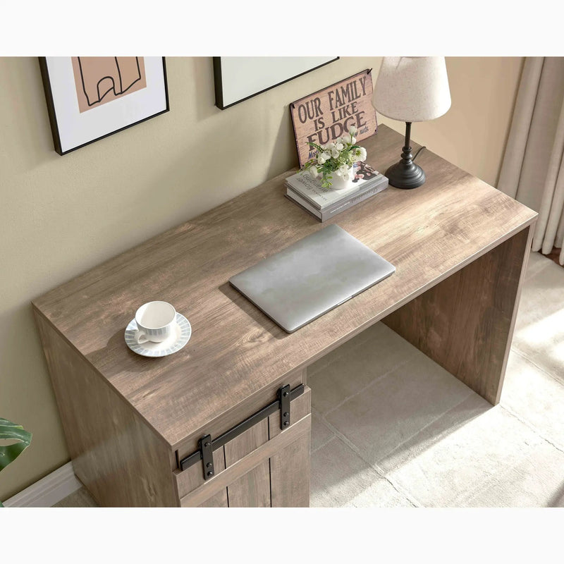Home Office Desk Hazelnut One Cabinet Three Shelves Faux Barn Door On Metal Euro Hinges Modesty Panel - Light Brown by HouseOfZazla