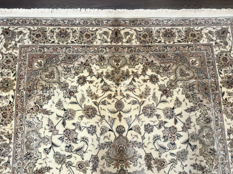 Sino Persian Rug 6x9, Floral Medallion, Ivory & Taupe, Wool with Silk Highlights, Fine 210 KPSI by Jewel Rugs