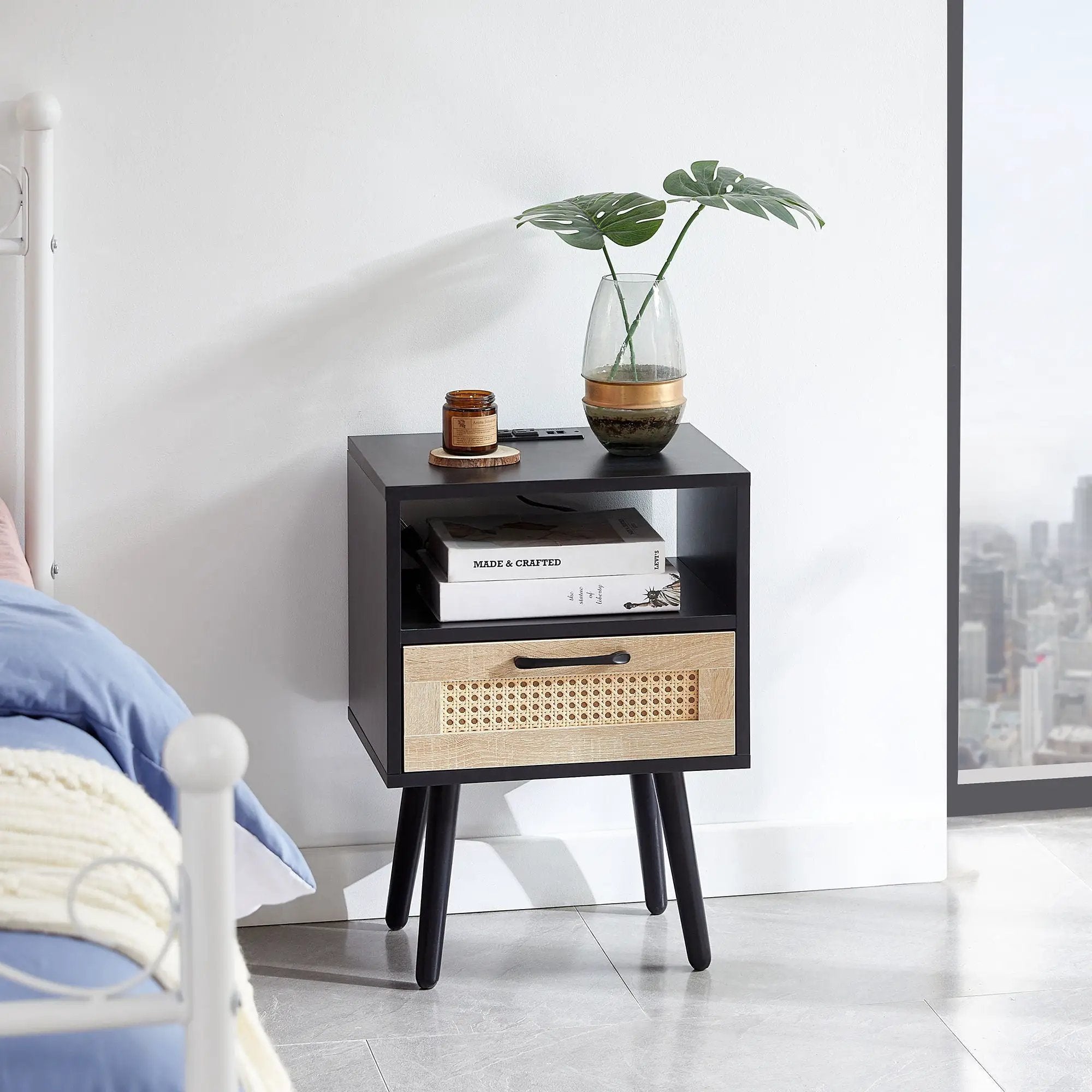 15.75" Rattan End Table With Power Outlet & USB Ports, Modern Nightstand With Drawer And Solid Wood Legs, Side Table For Living Room, Bedroom by HouseOfZazla