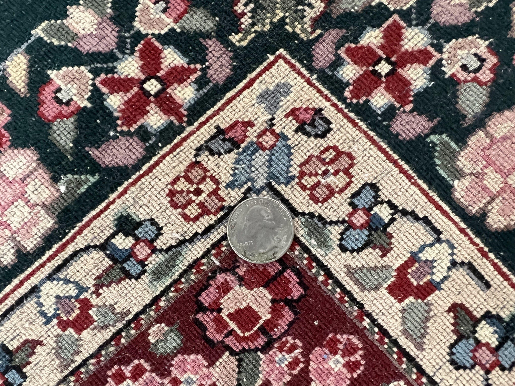 Large Sino Persian Rug 10x14, Wool Hand Knotted Vintage Carpet, Dark Green & Beige, Kirman Floral Rug, Fine Weave, Traditional, Large by Jewel Rugs