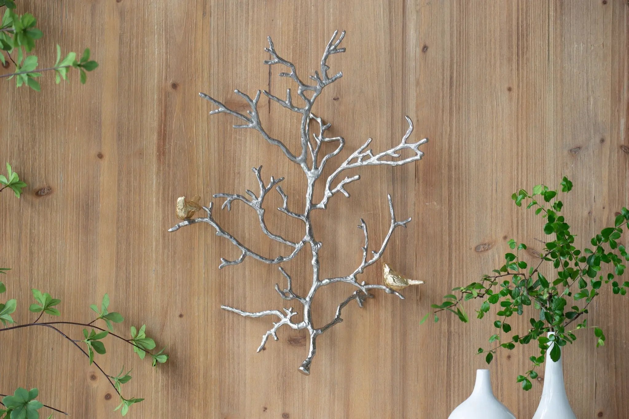 Metal Branch Wall Sculptures With Bird Accents (Set of 2) - Silver Multi by Unique Piece Furniture