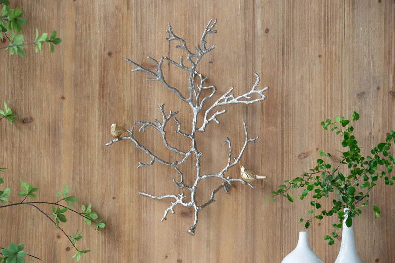 Metal Branch Wall Sculptures With Bird Accents (Set of 2) - Silver Multi by Unique Piece Furniture