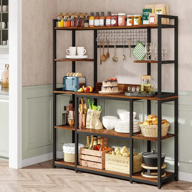 Baker's Rack With Hutch, 5 Tier Kitchen Storage Shelf, Freestanding Utility Pantry Organizer With Hooks And Microwave Stand - Black by HouseOfZazla