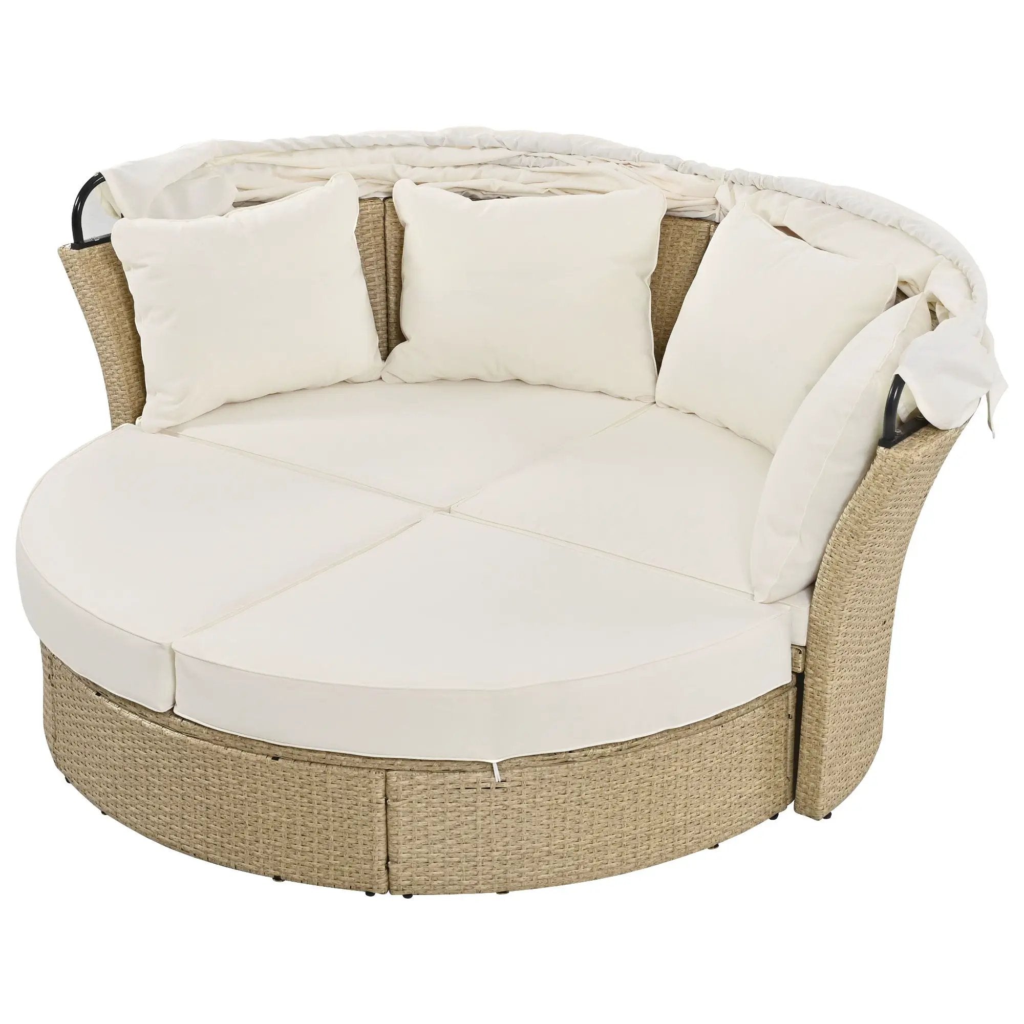 Outdoor Patio Daybed Wicker Rattan Double Daybed Round Sofa Furniture Set With Retractable Canopy, 4 Pillows For Lawn Garden by HouseOfZazla
