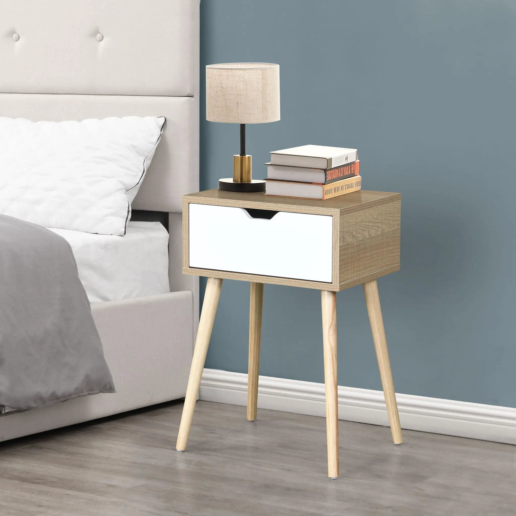Side Table With 1 Drawer, Mid-Century Modern Storage Cabinet For Bedroom - White by HouseOfZazla