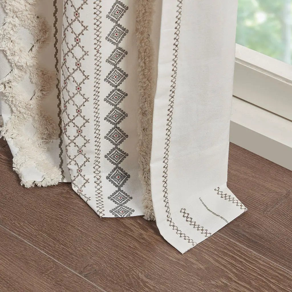 Cotton Printed Curtain Panel with Chenille Stripe and Lining Ivory 50x84 by HouseOfZazla
