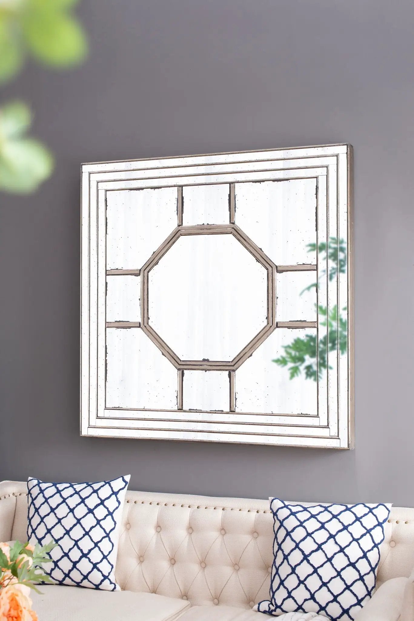 Antique Style Decorative Square Wall Mirror With Mirrored Frame, Wall Decor For Living Room Entryway, Console Lean Against Wall - Silver by HouseOfZazla