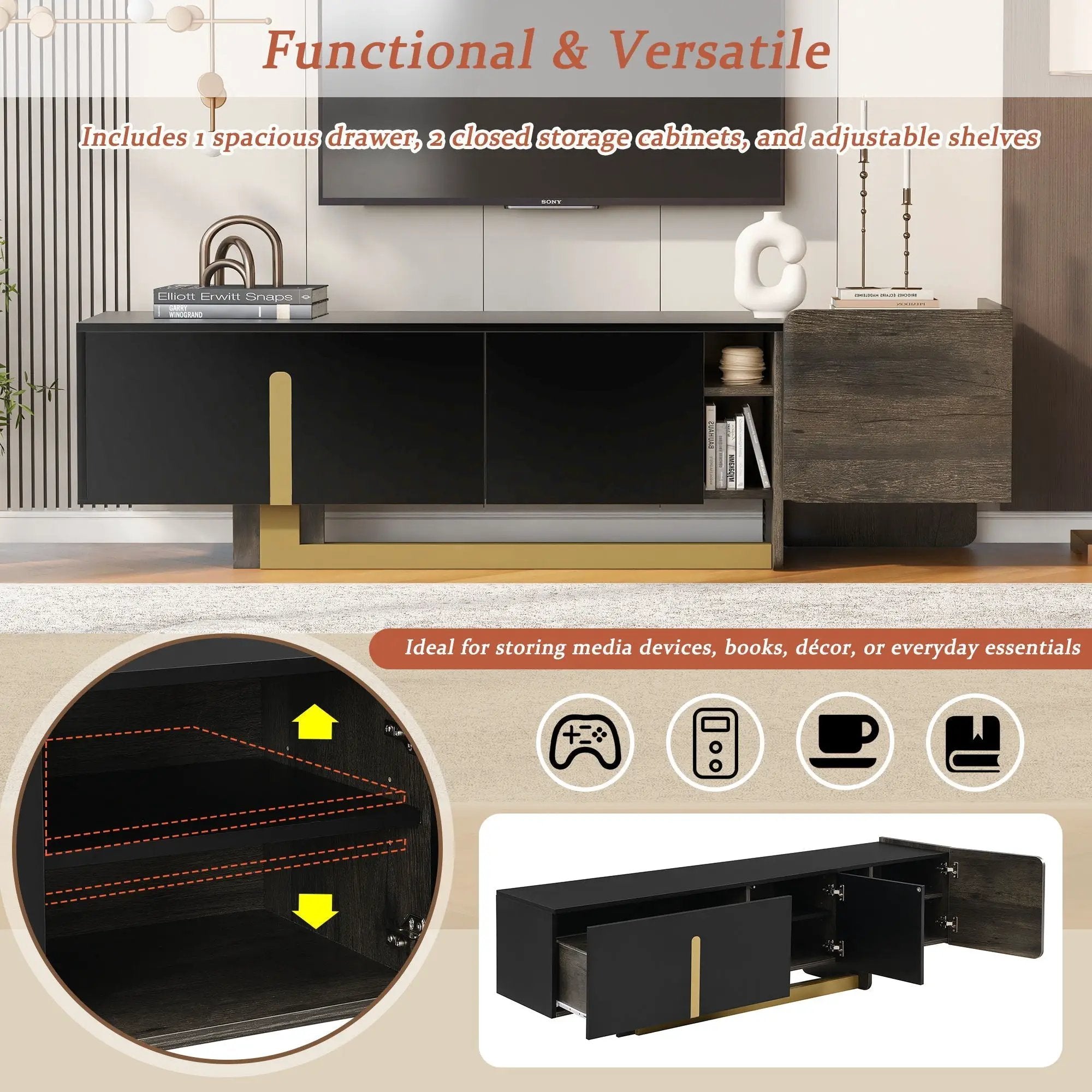 TV Stand With 1 Drawer, 2 Cabinets And Adjustable Shelves by HouseOfZazla