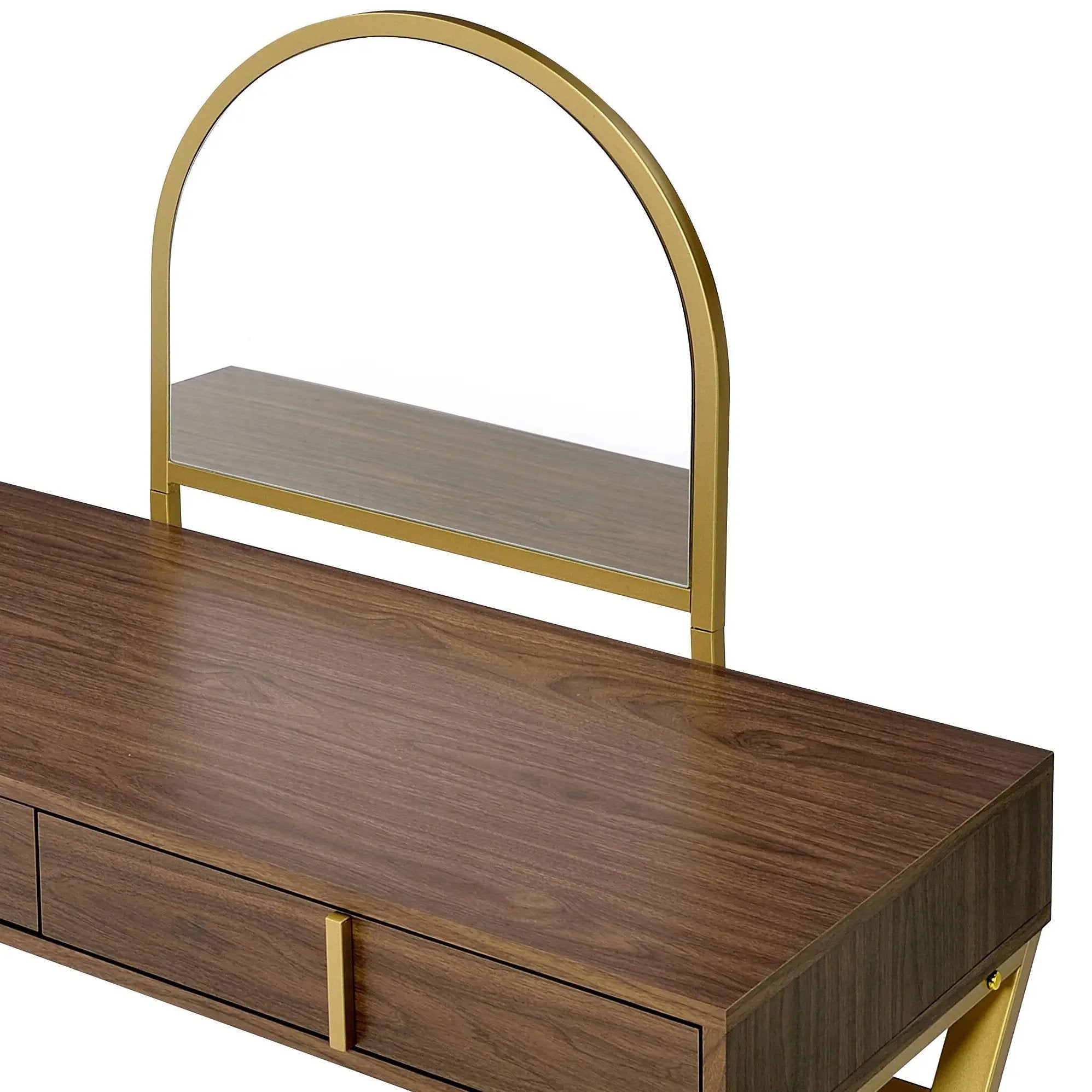 Coleen Walnut & Gold Finish Vanity Desk with Mirror & Jewelry Tray by HouseOfZazla