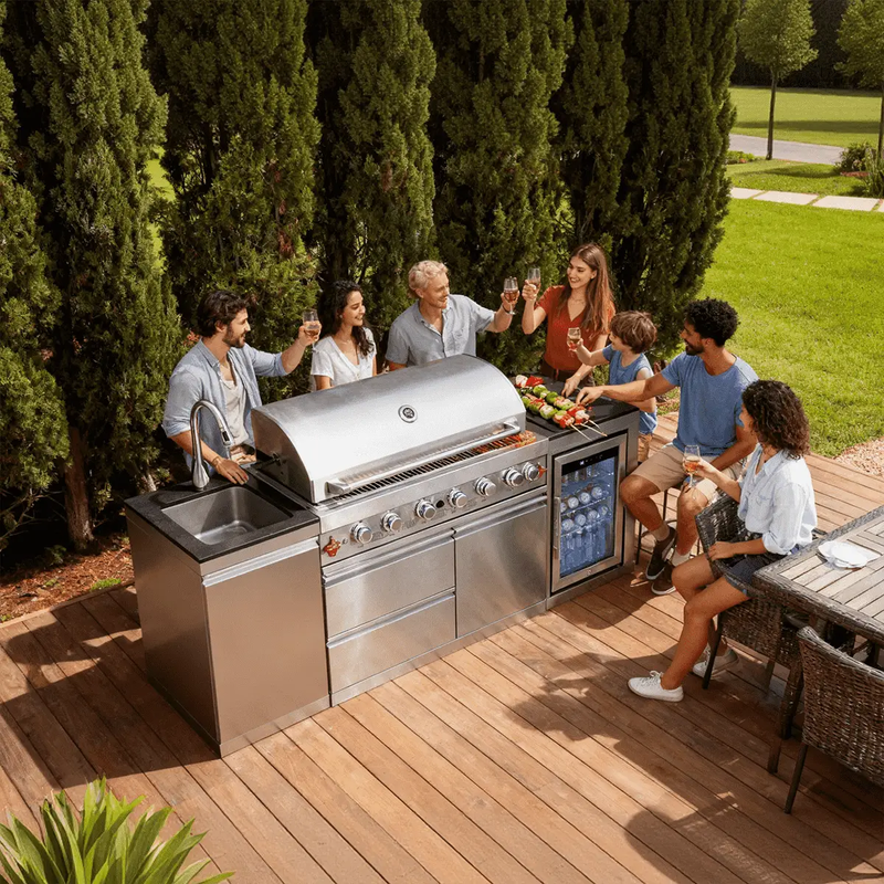 82.5" 6-Burner 83,500 BTU Silver Outdoor Kitchen Island Grill +Sink + Refrigerator by Chery Industrial