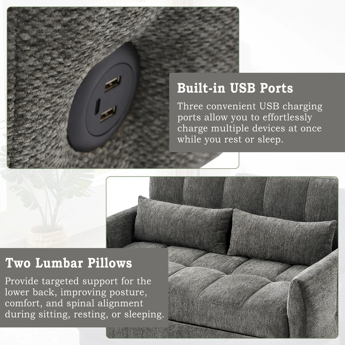 Loveseat Sofa Pull-Out Bed With Adjustable Backrest, 3 USB Ports And 2 Lumbar Pillows For Living Room by Unique Piece Furniture