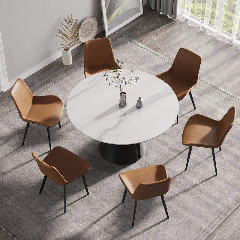 53.15" Modern Artificial Stone Round Carbon Steel Base Dining Table, Can Accommodate 6 People - White / Black by HouseOfZazla