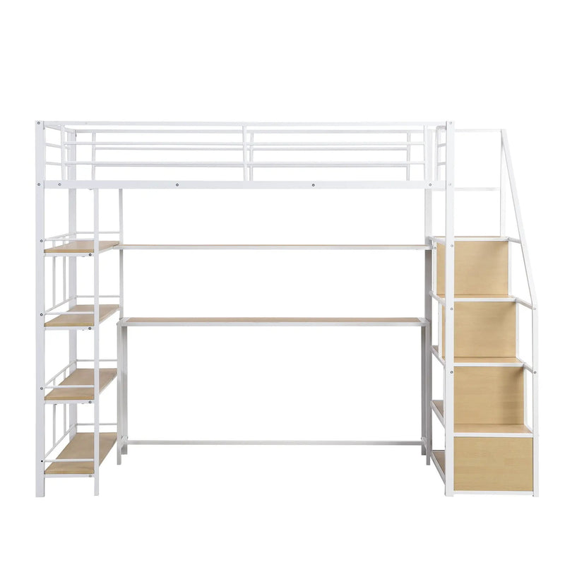 Twin Size Loft Bed With Built In Desk, Staircase Storage & 4 Tier Shelves - White by HouseOfZazla