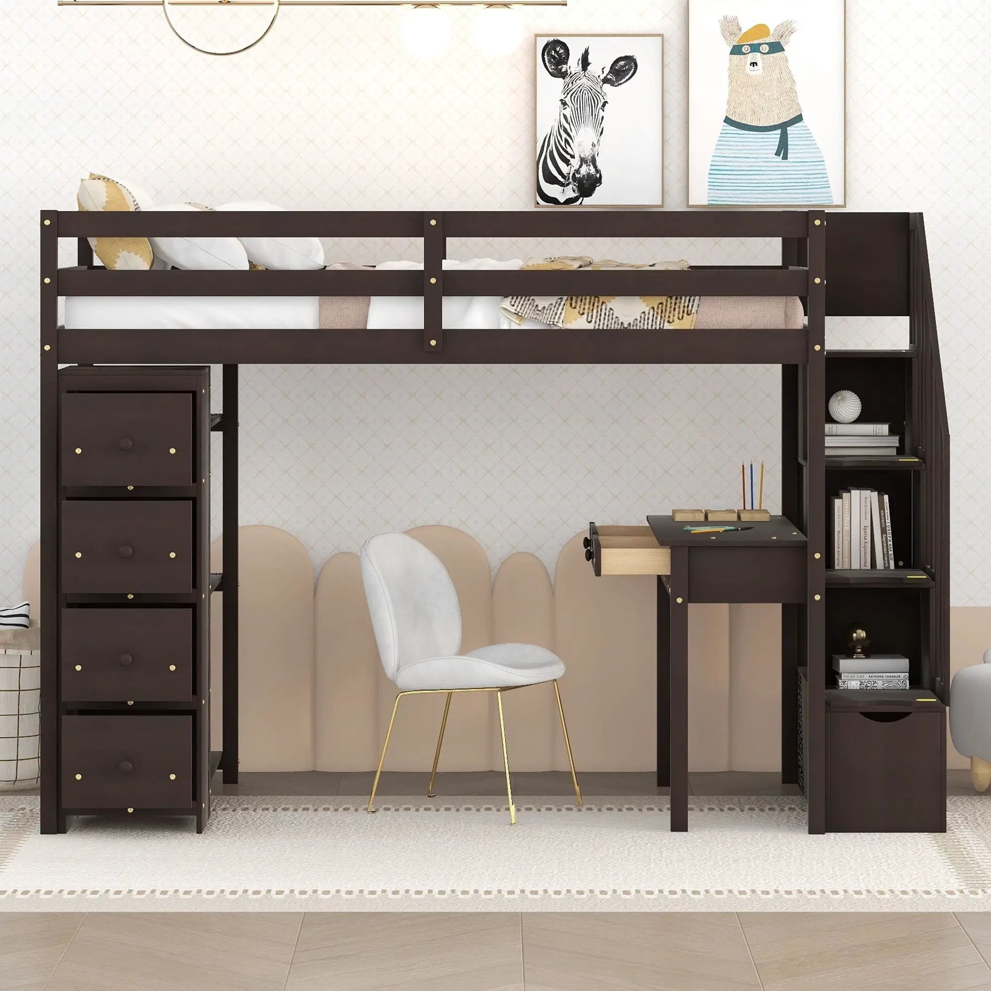 Loft Bed With Storage Drawers, Desk And Stairs With Shelves by HouseOfZazla