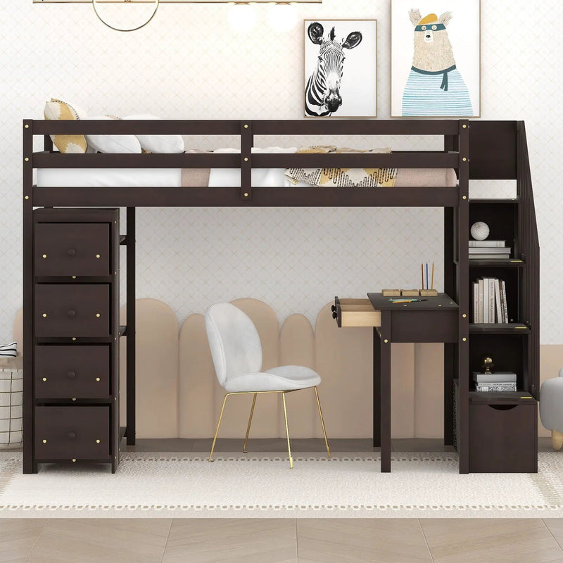 Loft Bed With Storage Drawers, Desk And Stairs With Shelves by HouseOfZazla