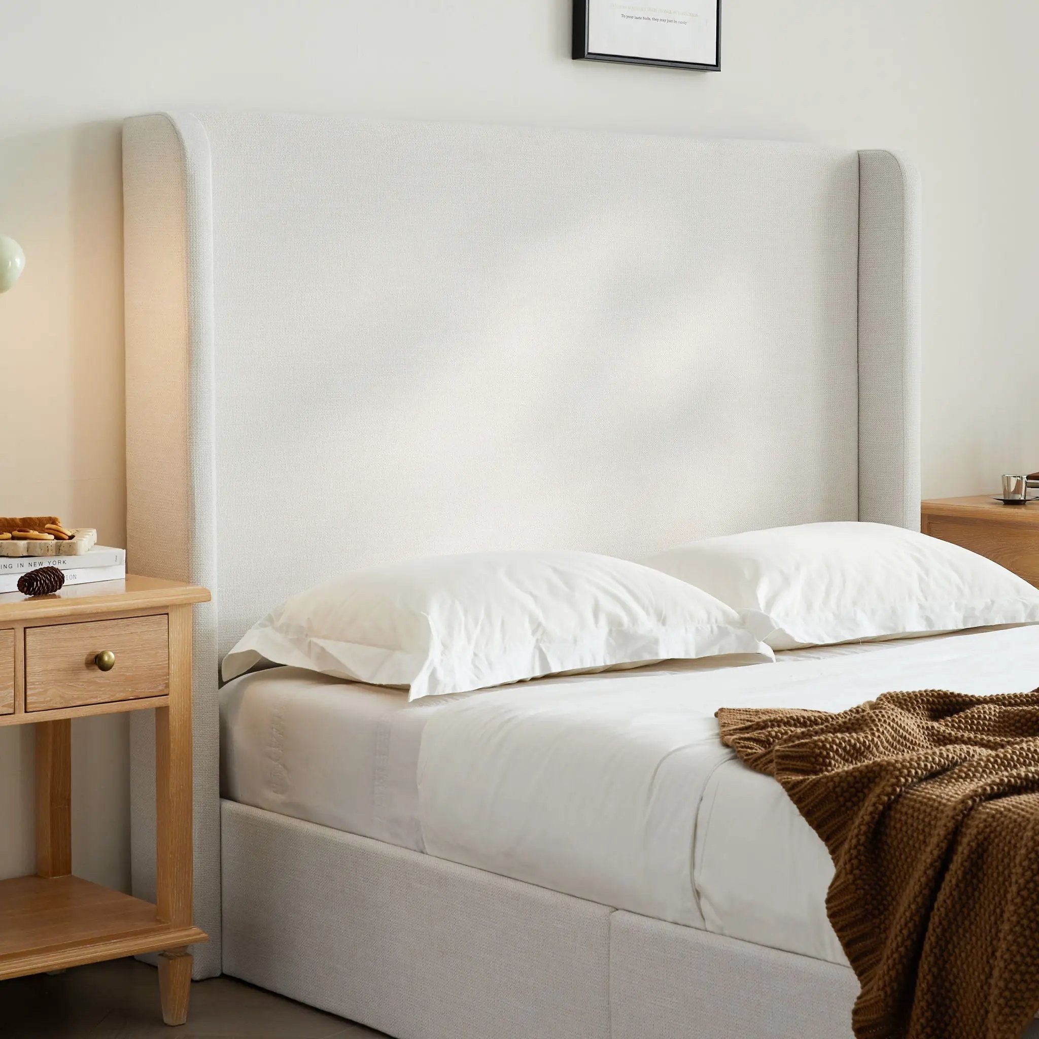 Caron - Queen Size Upholstered Wingback Bed With Adjustable Base Bundle Set - Ivory by Unique Piece Furniture