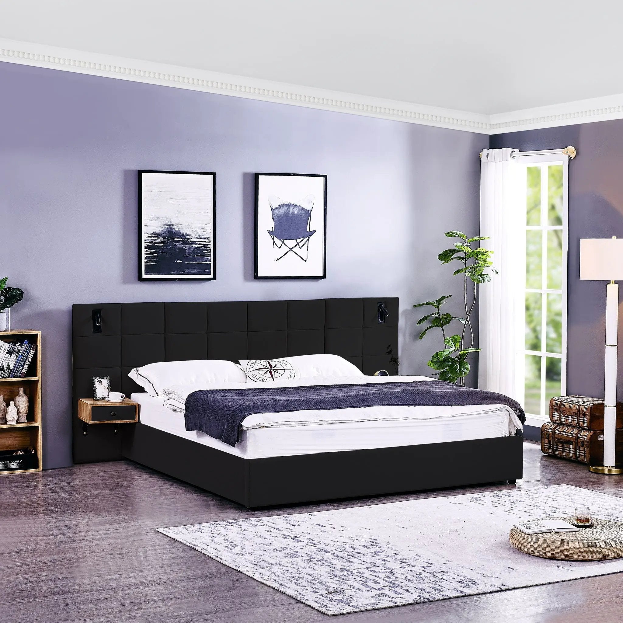 Upholstered Hydraulic Platform Bed With Storage Shelves, Reading Lamps, USB Port