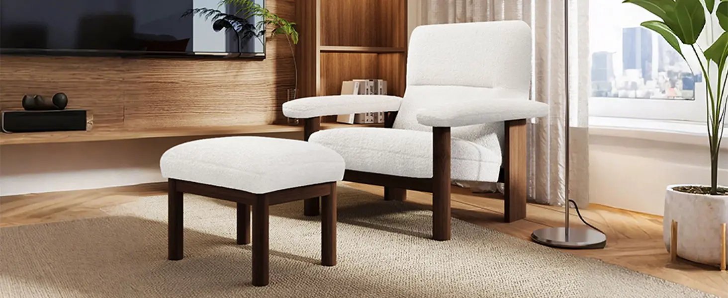 Modern Accent Chair With Ottoman, Mid Century Lounge Chair With Footrest, Comfy Fabric Armchair Upholstered Set With Solid Wood Frame For Living Room - White by HouseOfZazla