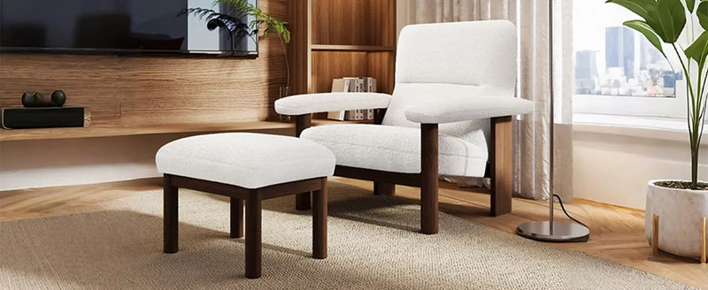 Modern Accent Chair With Ottoman, Mid Century Lounge Chair With Footrest, Comfy Fabric Armchair Upholstered Set With Solid Wood Frame For Living Room - White by HouseOfZazla