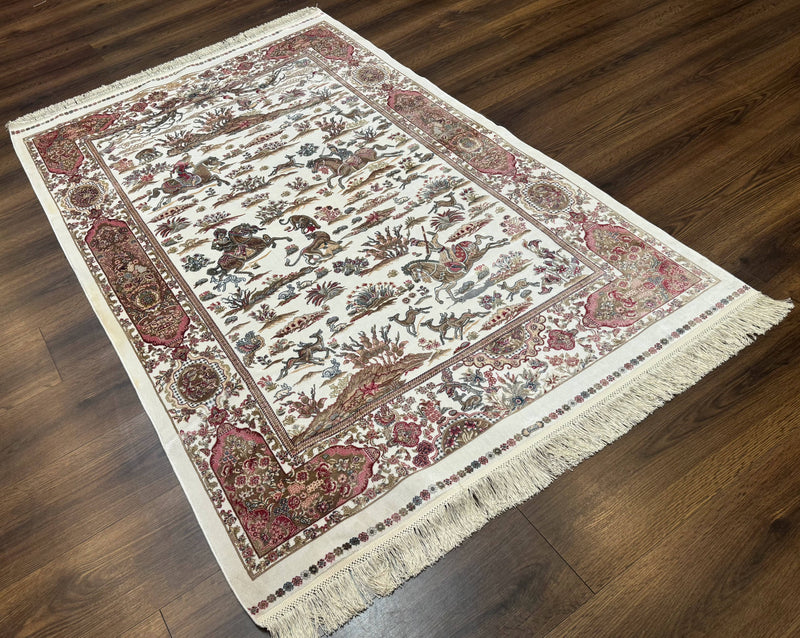 Turkish Silk Hunting Scene Rug 4x6, Ivory, Bamboo Silk, New by Jewel Rugs
