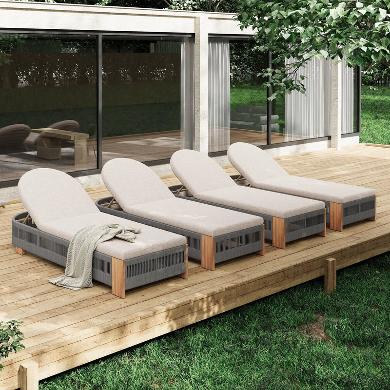 Outdoor Acacia Wood Patio Adjustable Lounge Chair Set of 4 - Grey Rope by HouseOfZazla