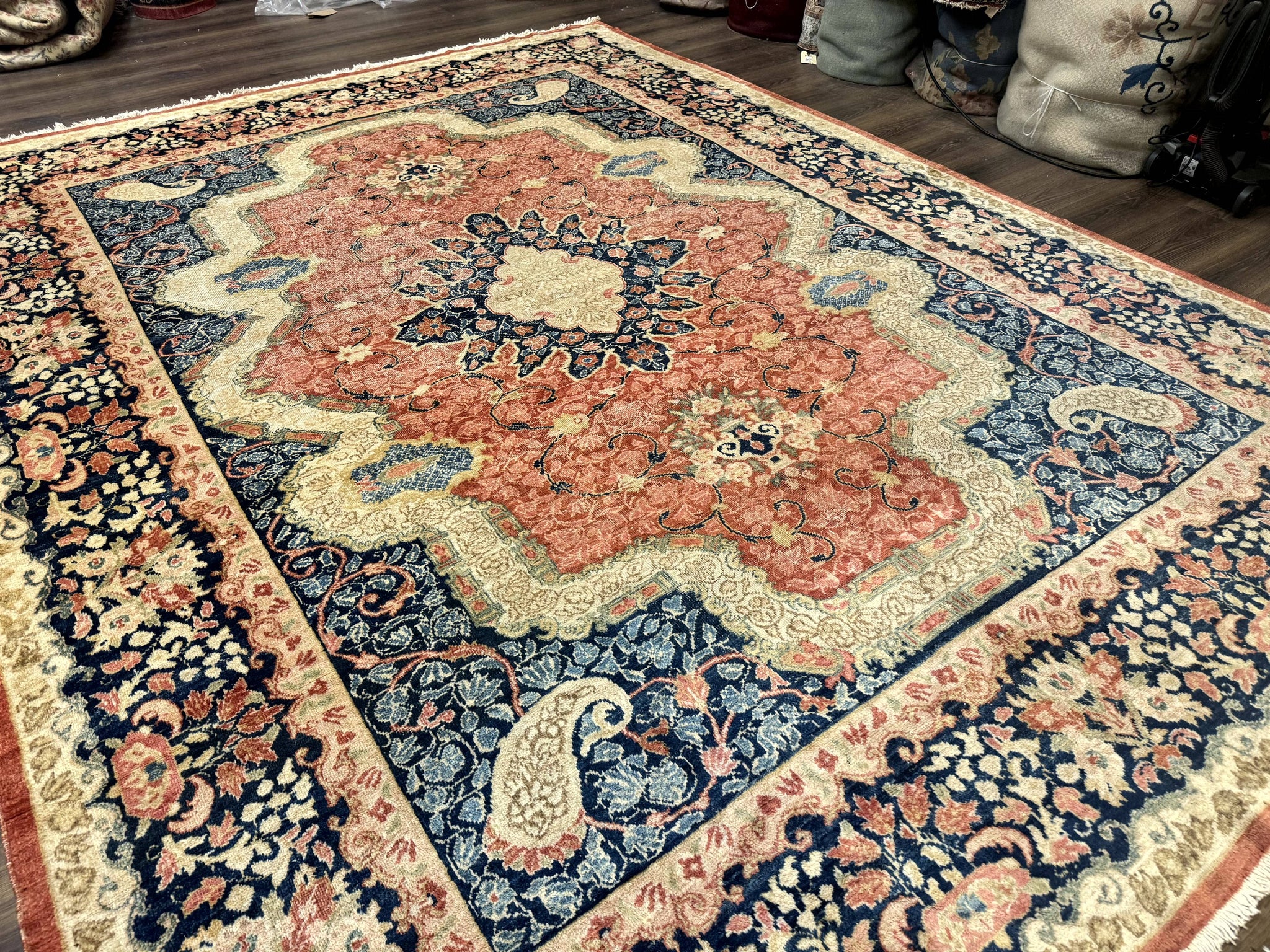 Antique Persian Sarouk Rug 9x12, Boteh Paisleys, Light Red Navy Blue by Jewel Rugs