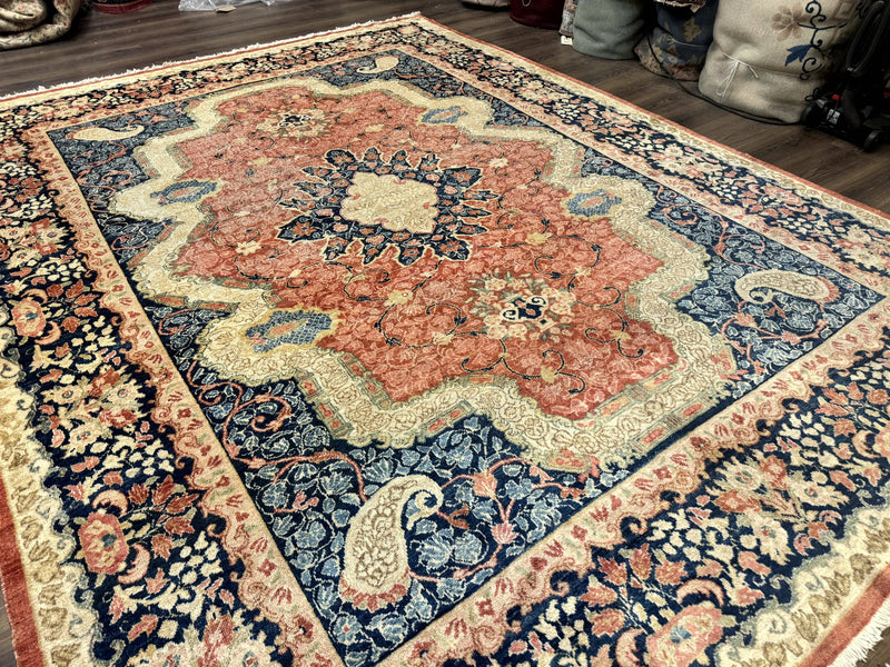 Antique Persian Sarouk Rug 9x12, Boteh Paisleys, Light Red Navy Blue by Jewel Rugs