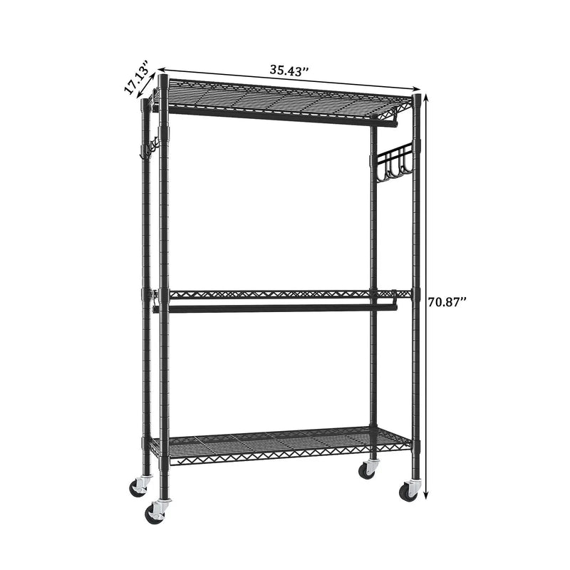 Heavy Duty Rolling Clothes Rack With 3 Tier Shelves, 2 Rails & Side Hooks by HouseOfZazla