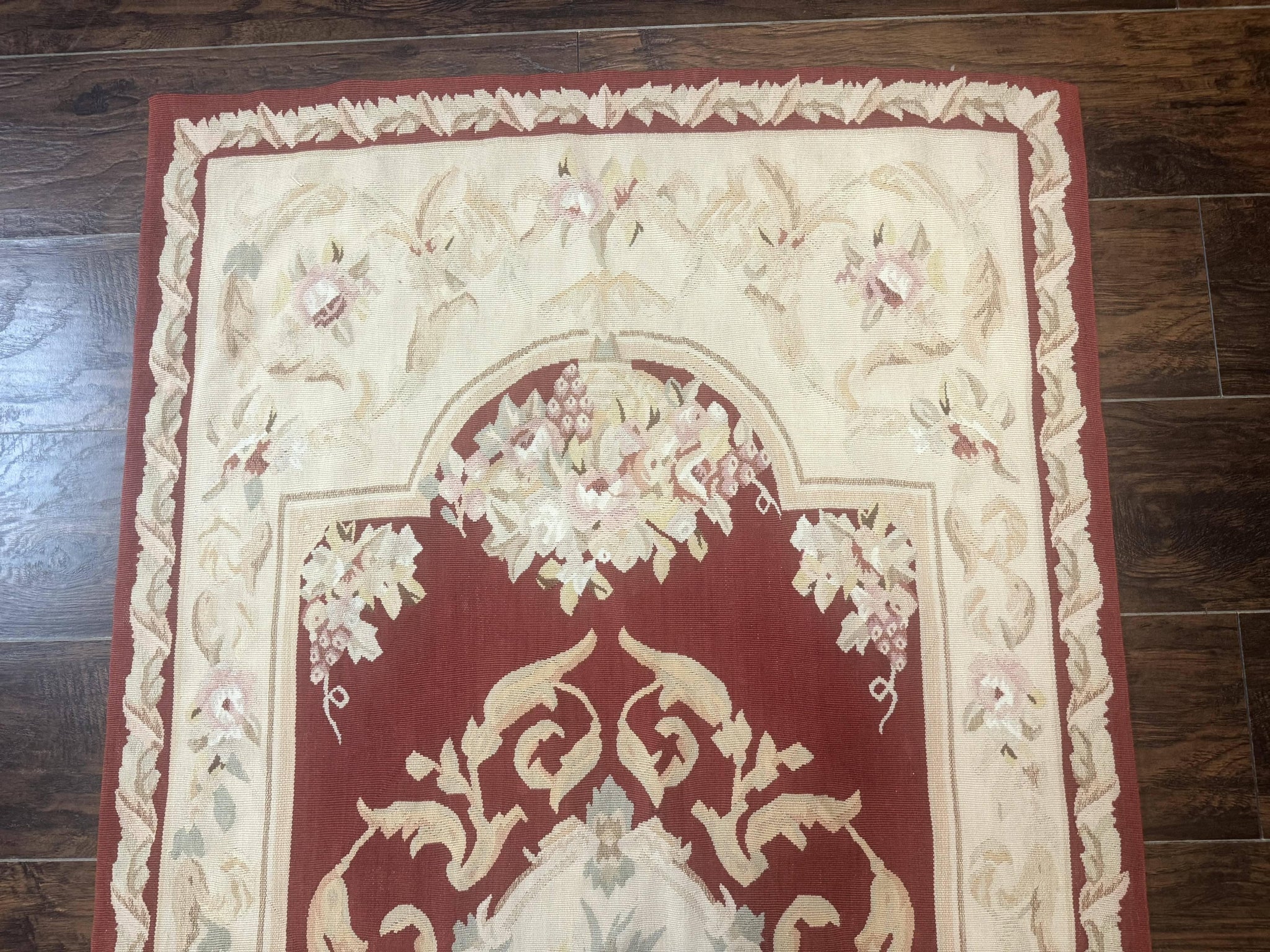 Aubusson Runner Rug 3x10, European Design, Red and Beige, Elegant, Handmade Wool Rug by Jewel Rugs