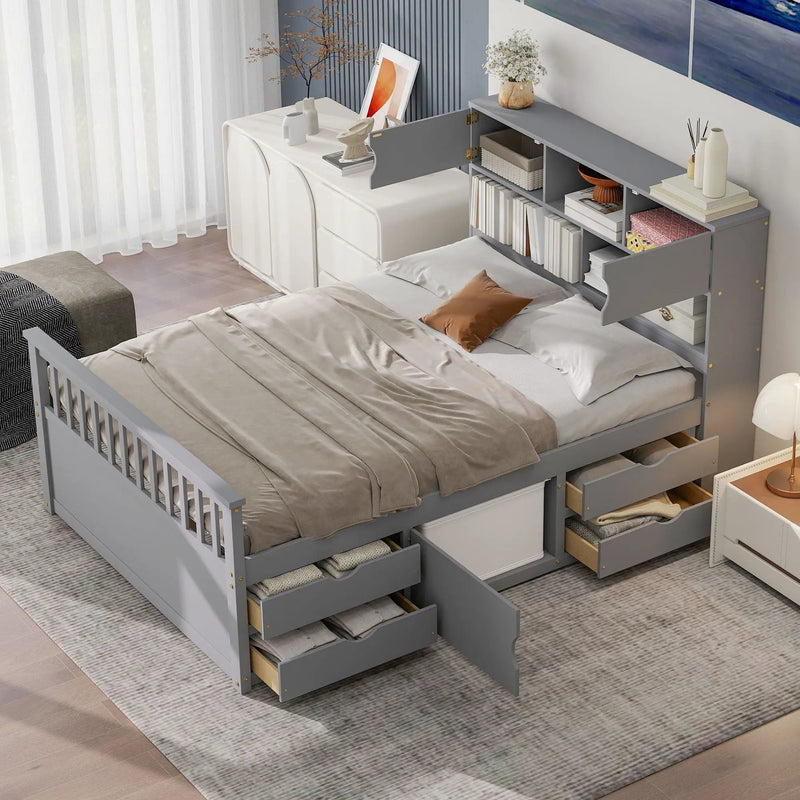 Captain Platform Bed Frame With Bookcase Headboard, 4 Drawers, Storage Shelves by Unique Piece Furniture