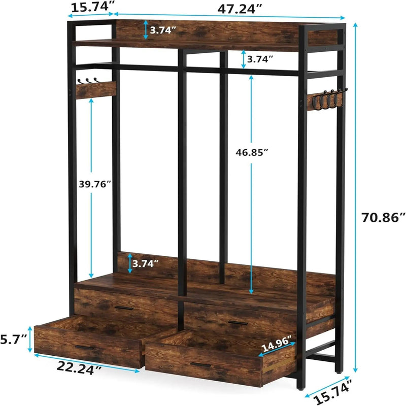 Freestanding Closet Organizer With 4 Drawers, 8 Hooks, Shelves, And Hanging Rod - Brown / Black by HouseOfZazla