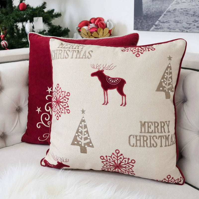 Merry Christmas Embroidered Poly Linen Throw Pillow 20x20 by HouseOfZazla