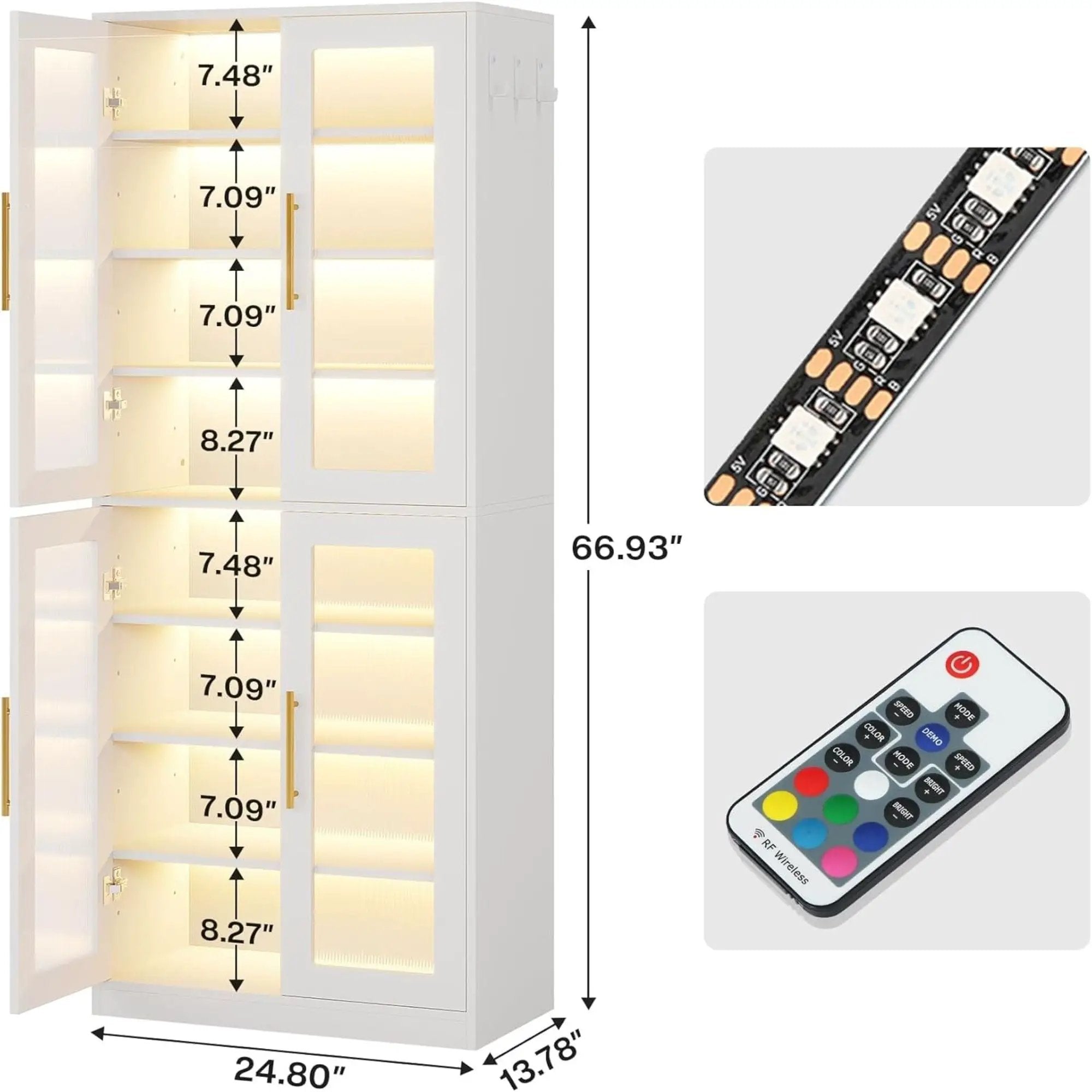 Bookcase With Doors And LED Lighting, 8 Adjustable Shelves Storage Cabinet