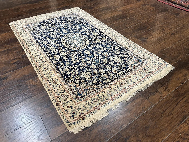 Very Fine Persian Nain Rug 3.7 x 6, Floral Medallion, Wool and Silk Accents, Highly Detailed, Hand Knotted Oriental Carpet, Navy Blue Ivory/Cream by Jewel Rugs