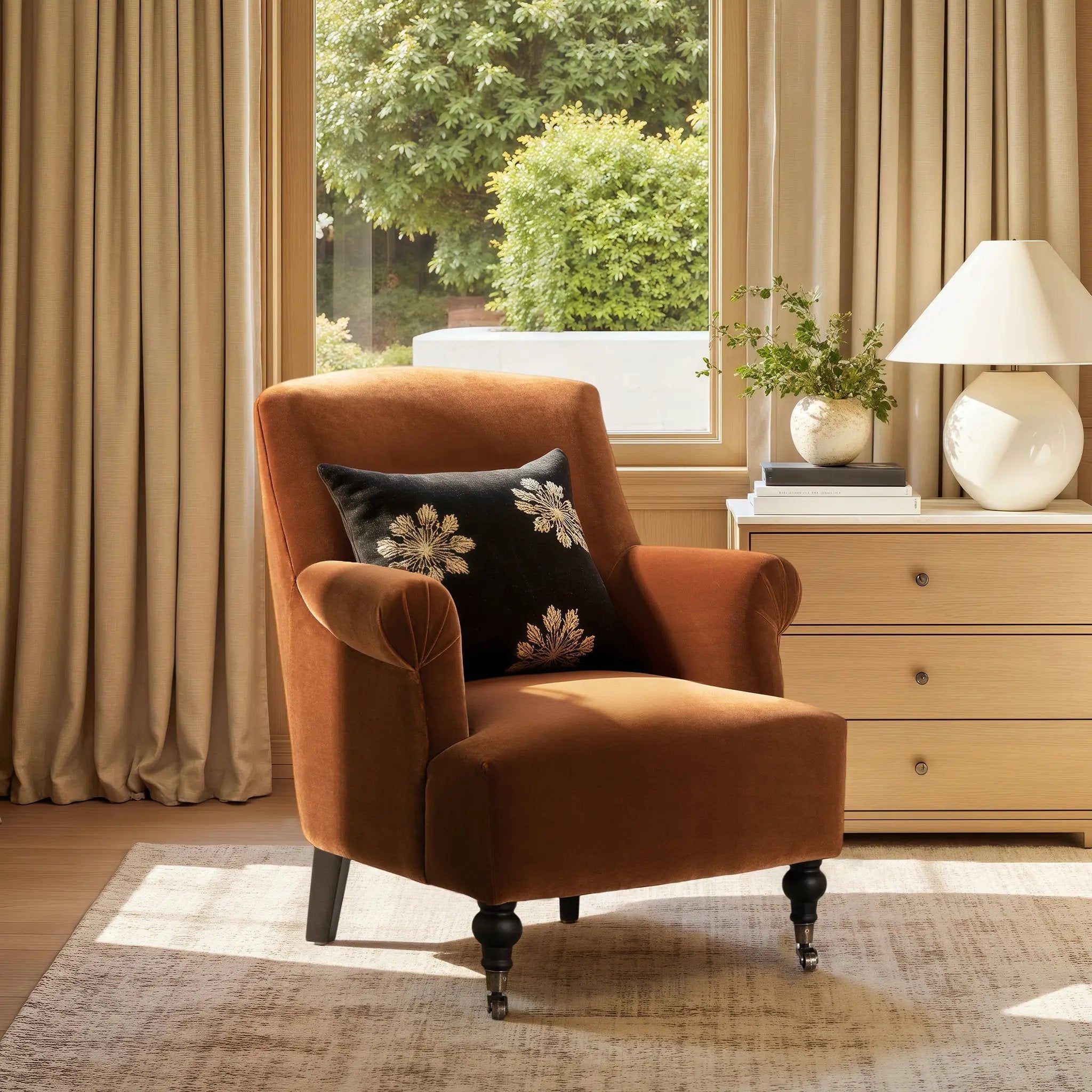 Eloise 30' Pleated Sock Arm Accent Armchair, Burnt Orange Performance Velvet by HouseOfZazla
