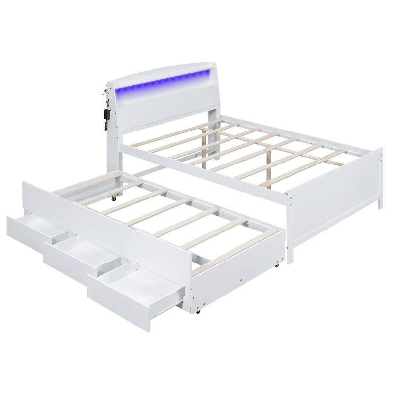 Full Size Platform Bed With Storage LED Headboard, Twin Trundle And 3 Drawers - White by HouseOfZazla