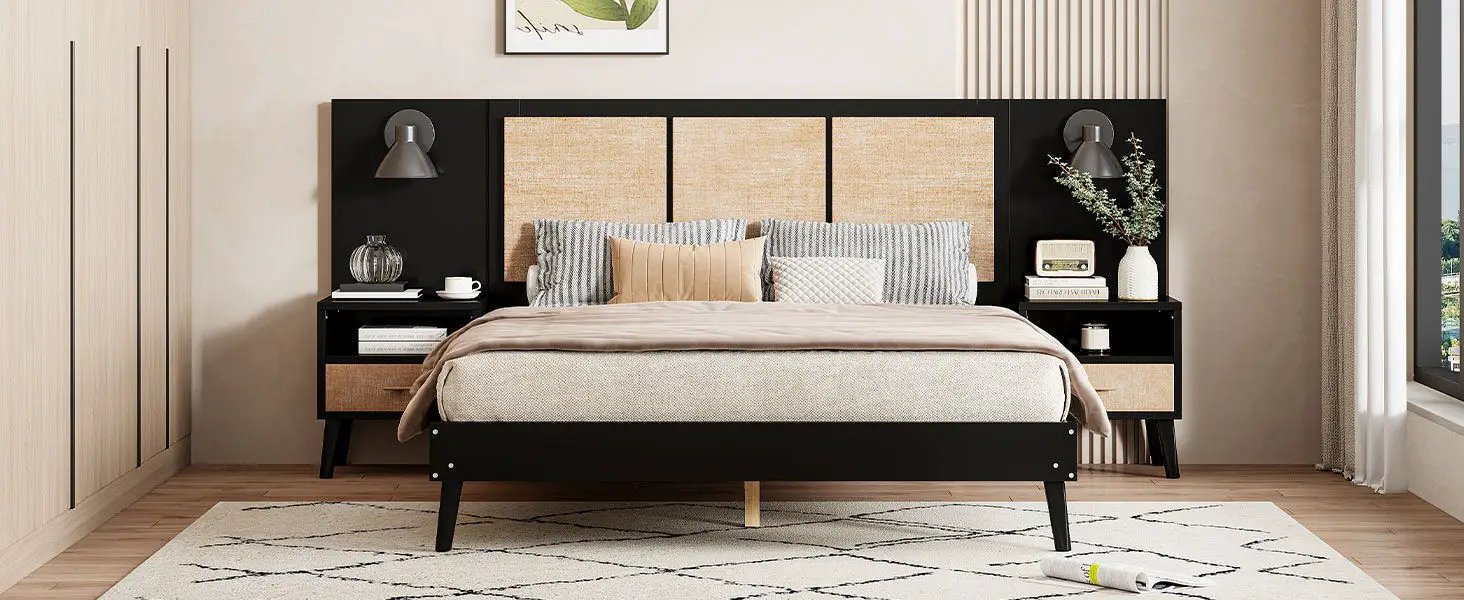Bed Frame With 2 Nightstands Elegant Design With Lamps by HouseOfZazla