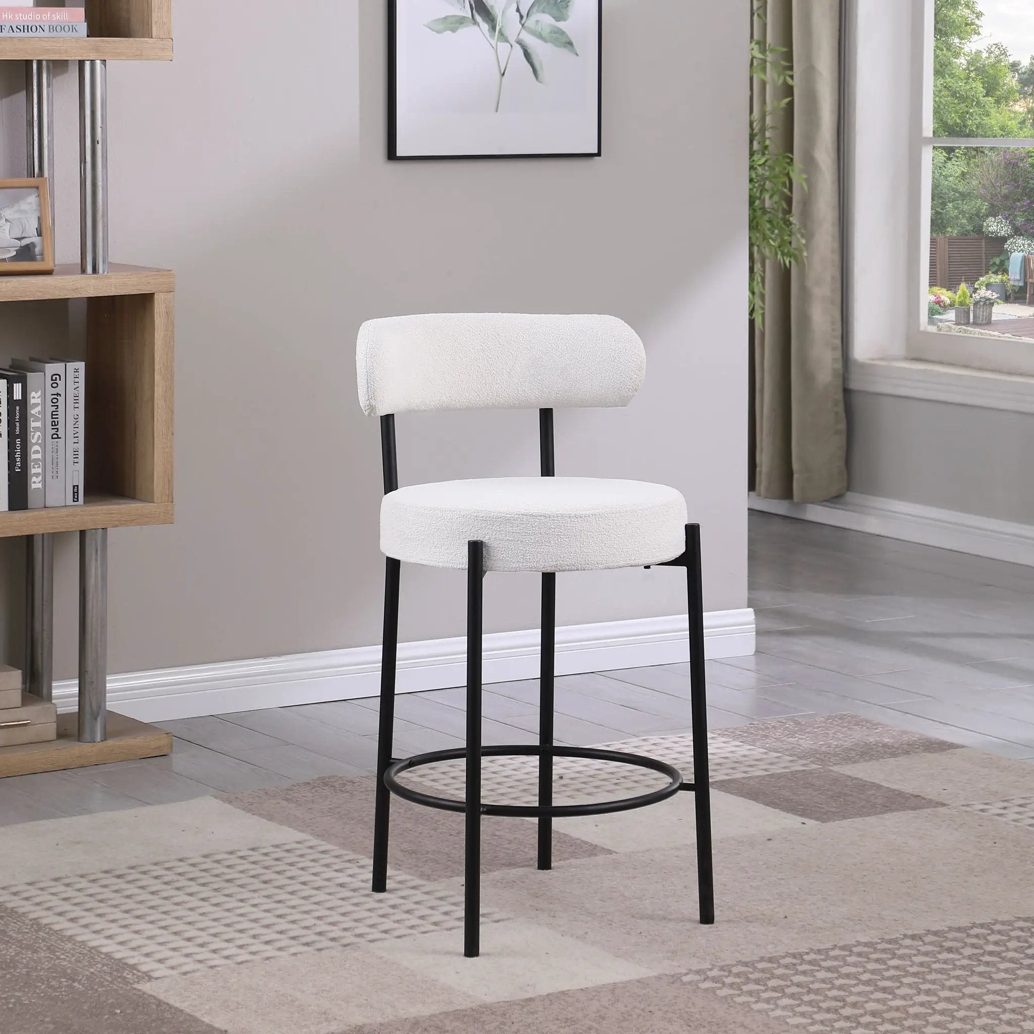Modern Sherpa Counter Height Stools, Uphsoltered Seat Height Barstools With Brushed Brass Metal Legs Round Low Back Kitchen Stools With Footrest For Dining Room (Set of 2) by HouseOfZazla