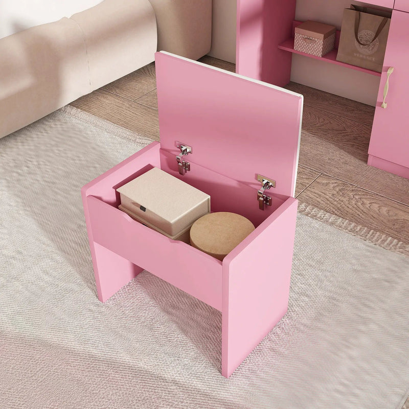 Vanity Desk With LED Mirror Lights And Power Outlet Charging Station, 3 Drawers, 7 Shelves, Storage Stool - Pink by Unique Piece Furniture
