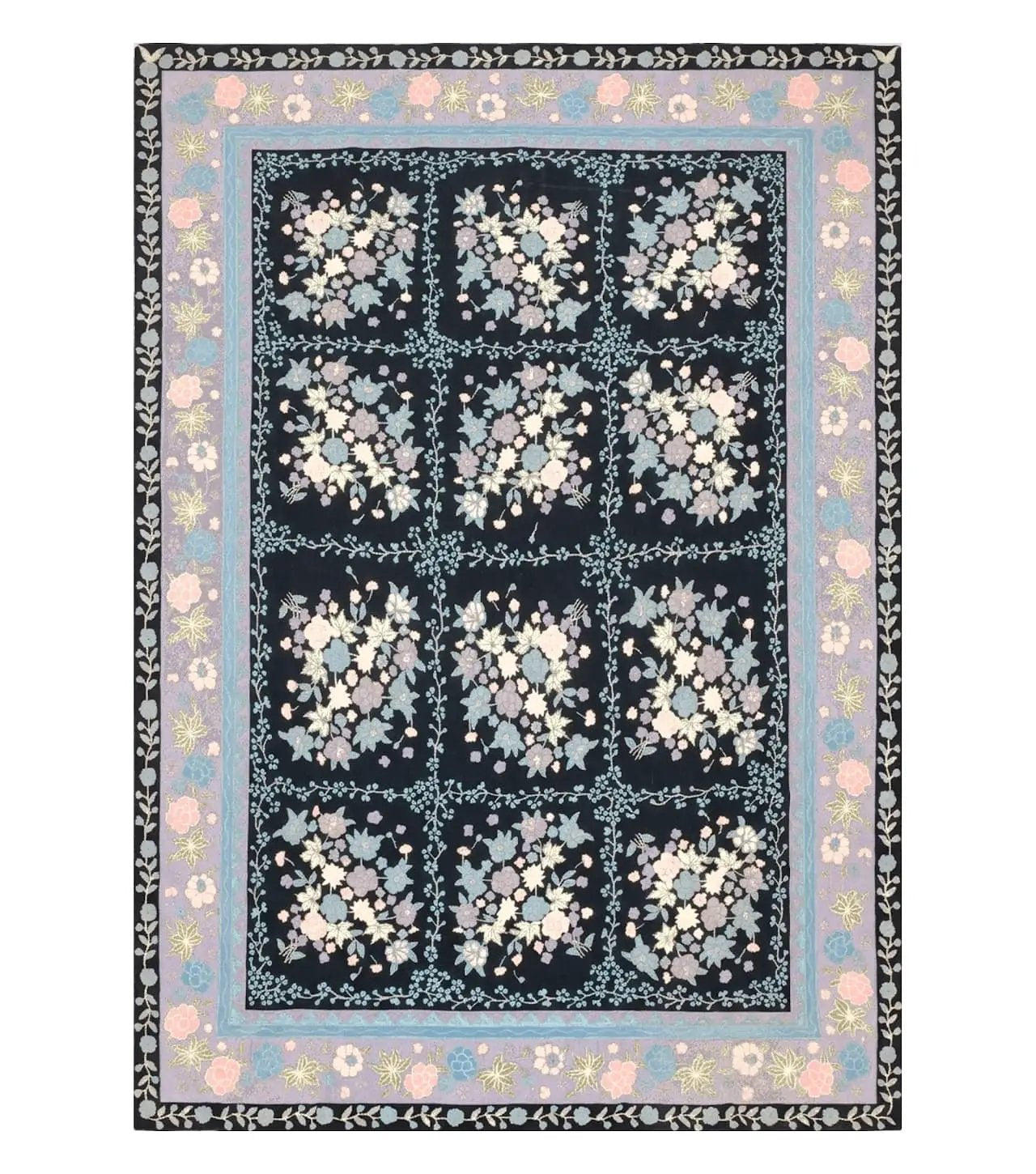 Chinese Needlepoint Rug 8 x 11.4, Hand-Woven Area Carpet, Flatweave Rug, Black Blue Light Violet Floral Garden European Design Wool Aubusson by Jewel Rugs