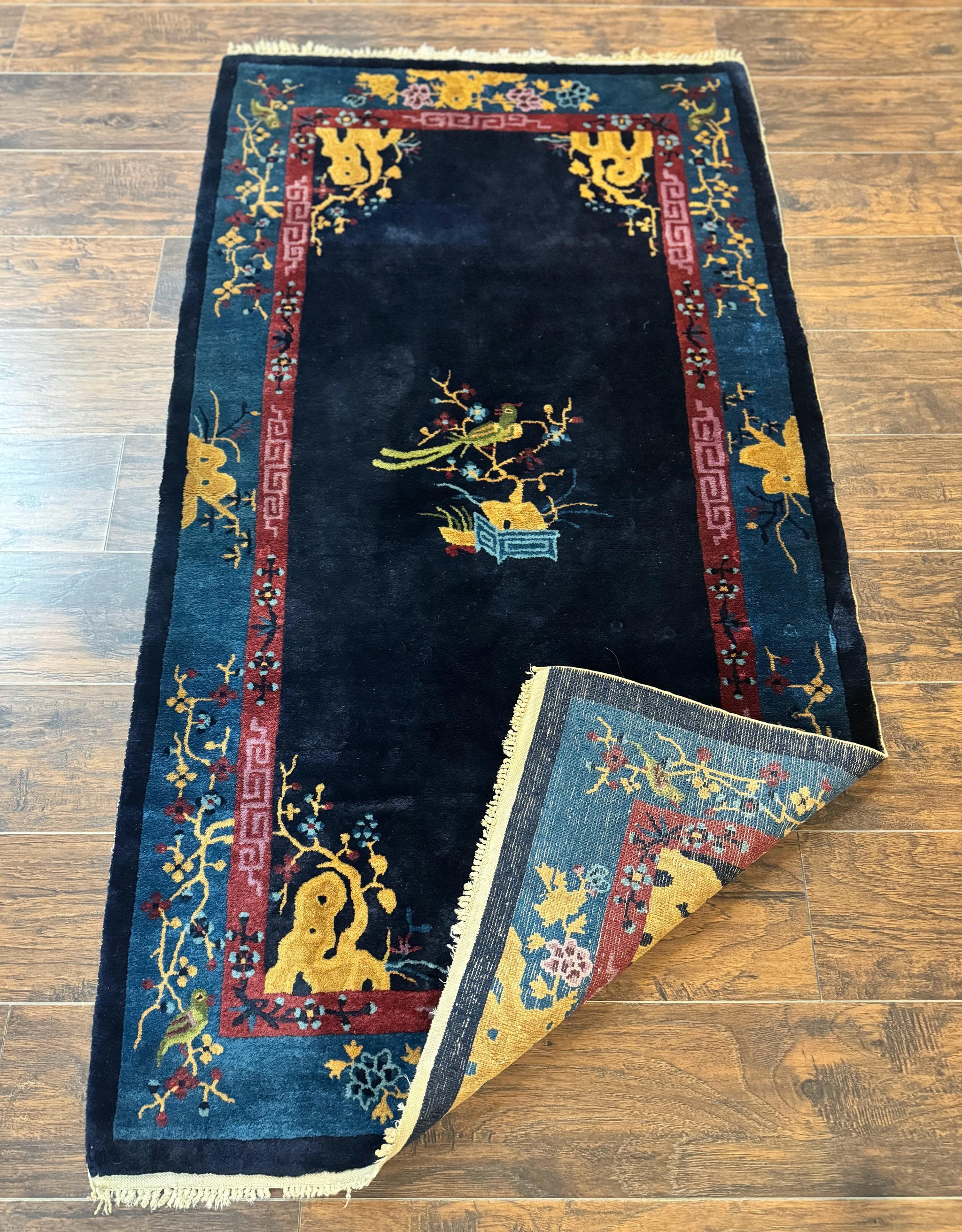 Antique Chinese Peking Rug 3x6, Dark Blue, Bird Motif, Handmade Wool Art Deco Asian Oriental Carpet, Pair B by Jewel Rugs