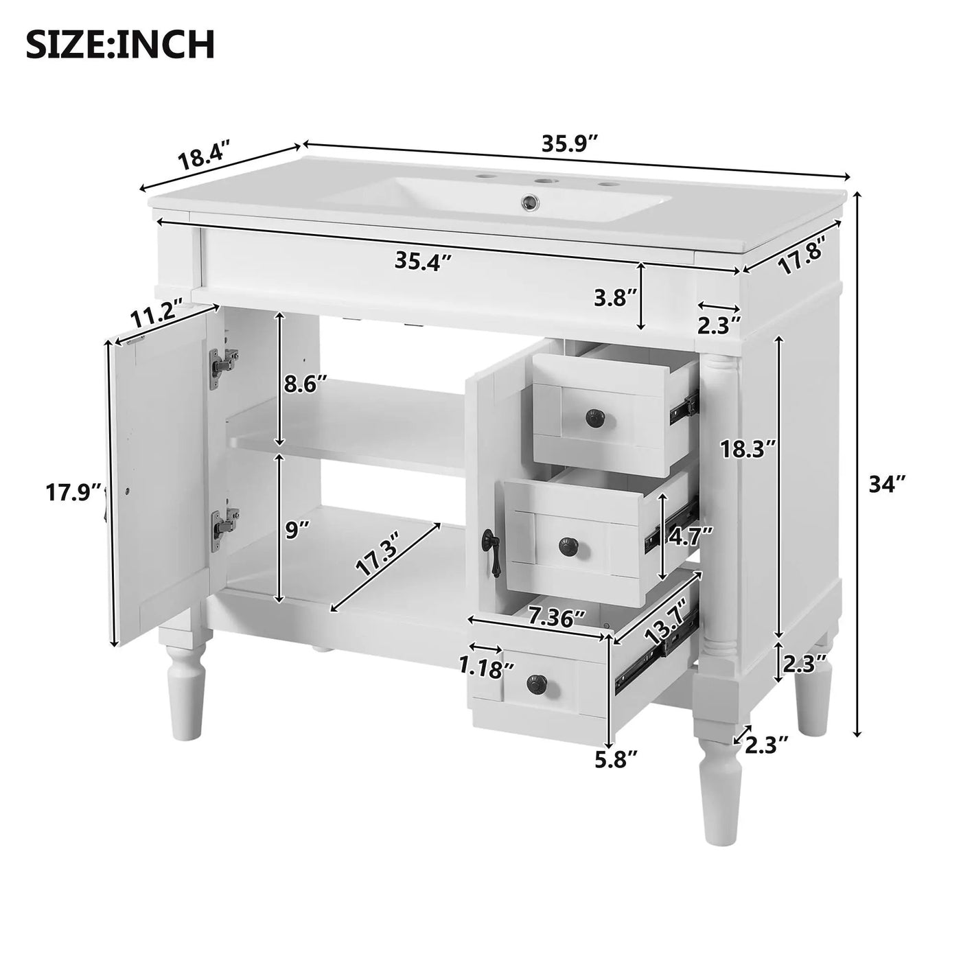 Bathroom Vanity With Ceramic Sink, 2 Doors 3 Drawers, Soft Close Design by Unique Piece Furniture